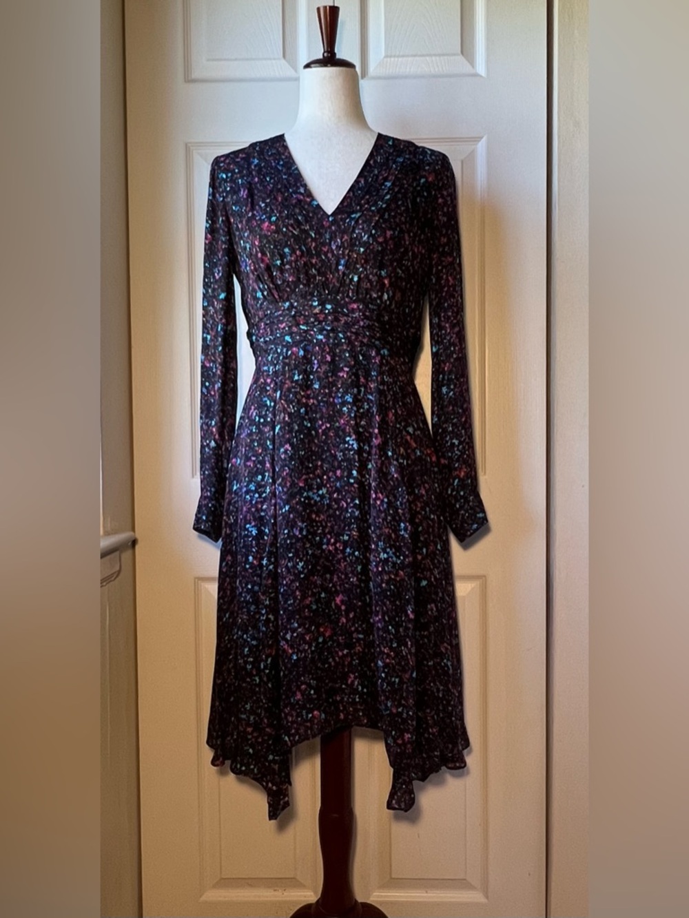 Parker Black Floral V-Neck Long Sleeve Handkerchief Hem Dress